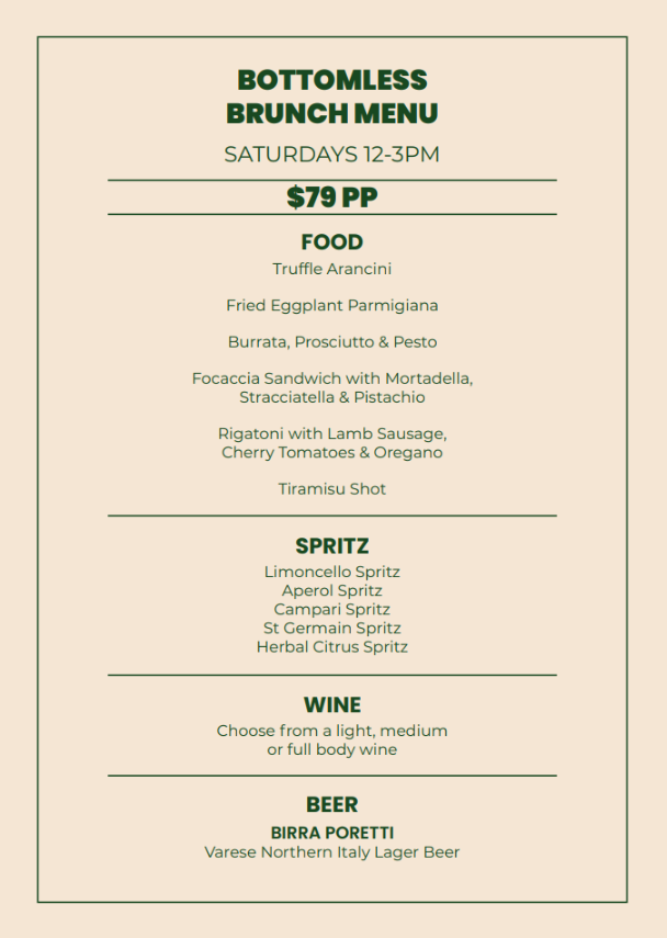 La Terrazza Bottomless Brunch menu